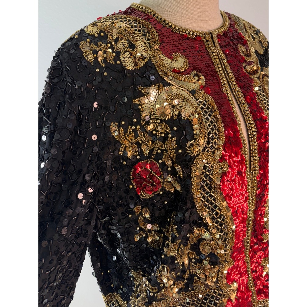 Vintage Oleg Cassini Black Tie Sequin Beaded Silk Blazer Jacket Black Gold Red - Picture 6 of 11